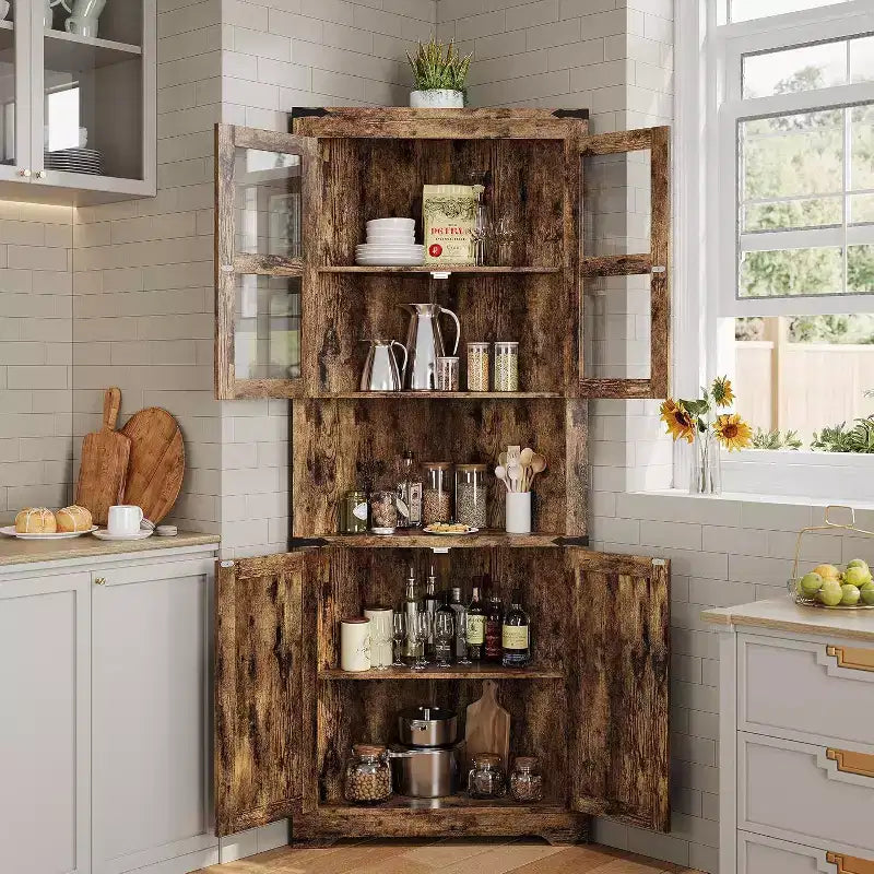 Tall Farmhouse Corner Storage Cabinet with Built-In Lights, Glass Door and Adjustable Shelves, Perfect for Living Room, Kitchen Organization