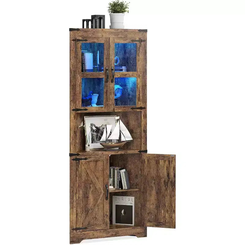 Tall Farmhouse Corner Storage Cabinet with Built-In Lights, Glass Door and Adjustable Shelves, Perfect for Living Room, Kitchen Organization