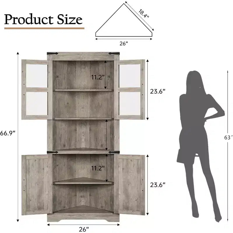 Tall Farmhouse Corner Storage Cabinet with Built-In Lights, Glass Door and Adjustable Shelves, Perfect for Living Room, Kitchen Organization