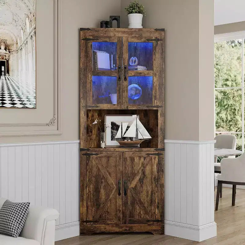 Tall Farmhouse Corner Storage Cabinet with Built-In Lights, Glass Door and Adjustable Shelves, Perfect for Living Room, Kitchen Organization