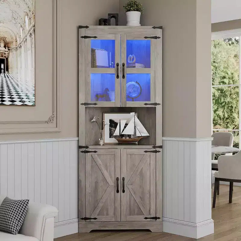 Tall Farmhouse Corner Storage Cabinet with Built-In Lights, Glass Door and Adjustable Shelves, Perfect for Living Room, Kitchen Organization