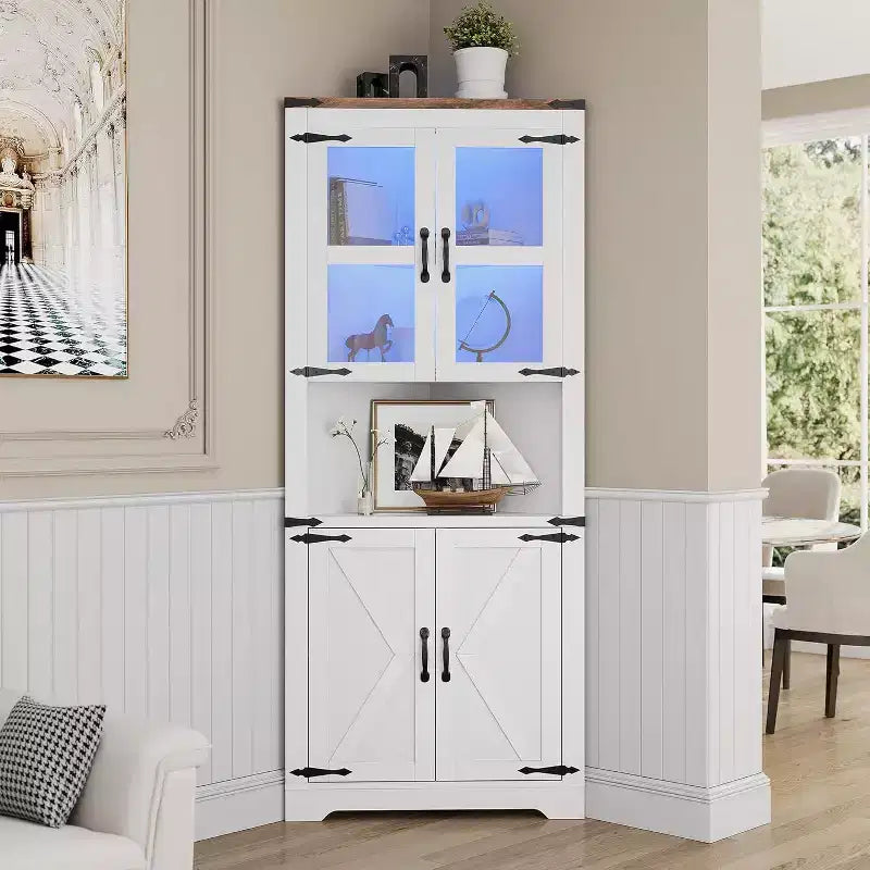 Tall Farmhouse Corner Storage Cabinet with Built-In Lights, Glass Door and Adjustable Shelves, Perfect for Living Room, Kitchen Organization