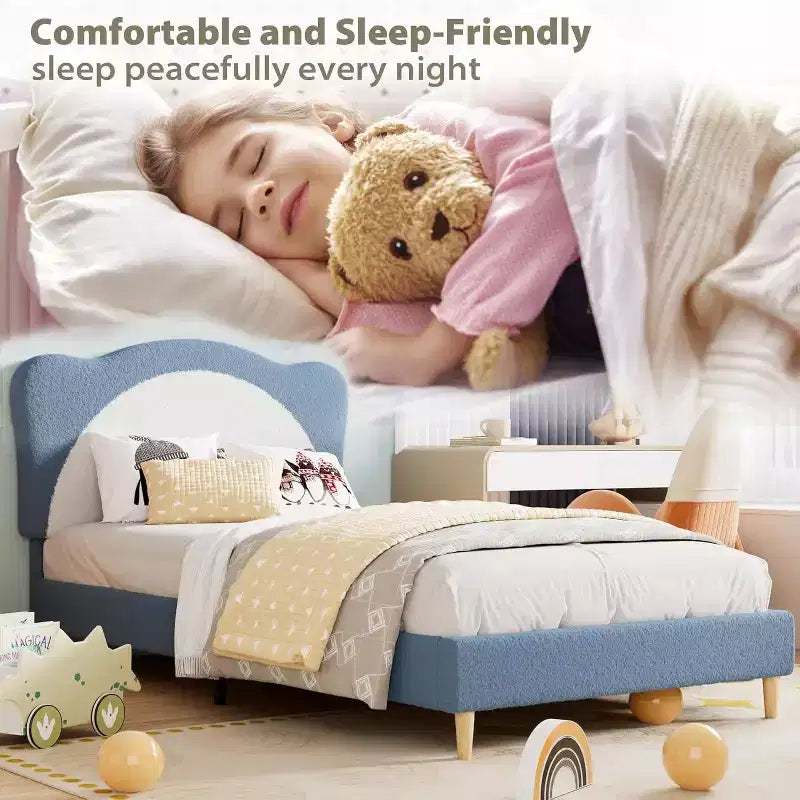 Twin Size Boucle Upholstered Bed Frame, Soft Headboard, Platform Slat Support, No Box Spring Needed, Quiet Kids Bed, Easy Assembly, Grey White