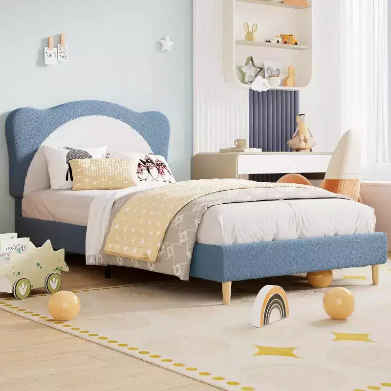 Twin Size Boucle Upholstered Bed Frame, Soft Headboard, Platform Slat Support, No Box Spring Needed, Quiet Kids Bed, Easy Assembly, Grey White