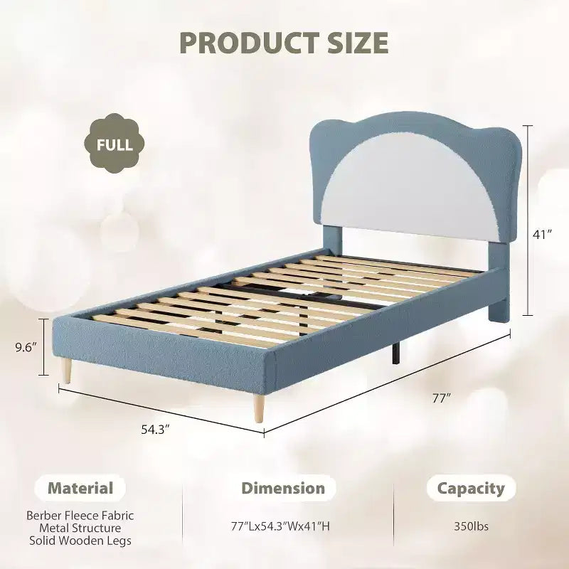 Twin Size Boucle Upholstered Bed Frame, Soft Headboard, Platform Slat Support, No Box Spring Needed, Quiet Kids Bed, Easy Assembly, Grey White