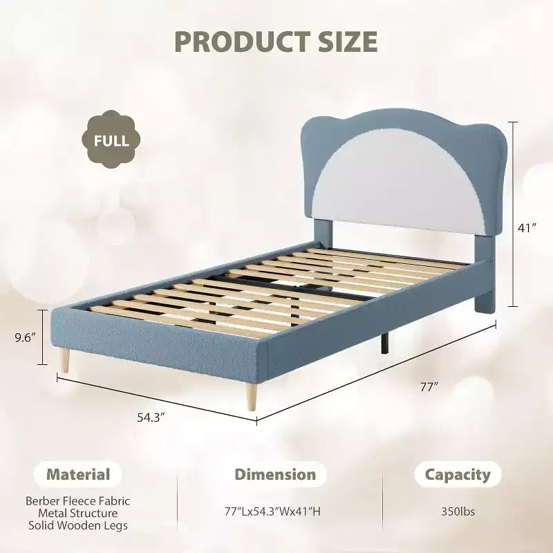 Twin Size Boucle Upholstered Bed Frame, Soft Headboard, Platform Slat Support, No Box Spring Needed, Quiet Kids Bed, Easy Assembly, Grey White
