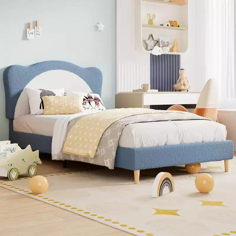 Twin Size Boucle Upholstered Bed Frame, Soft Headboard, Platform Slat Support, No Box Spring Needed, Quiet Kids Bed, Easy Assembly, Grey White