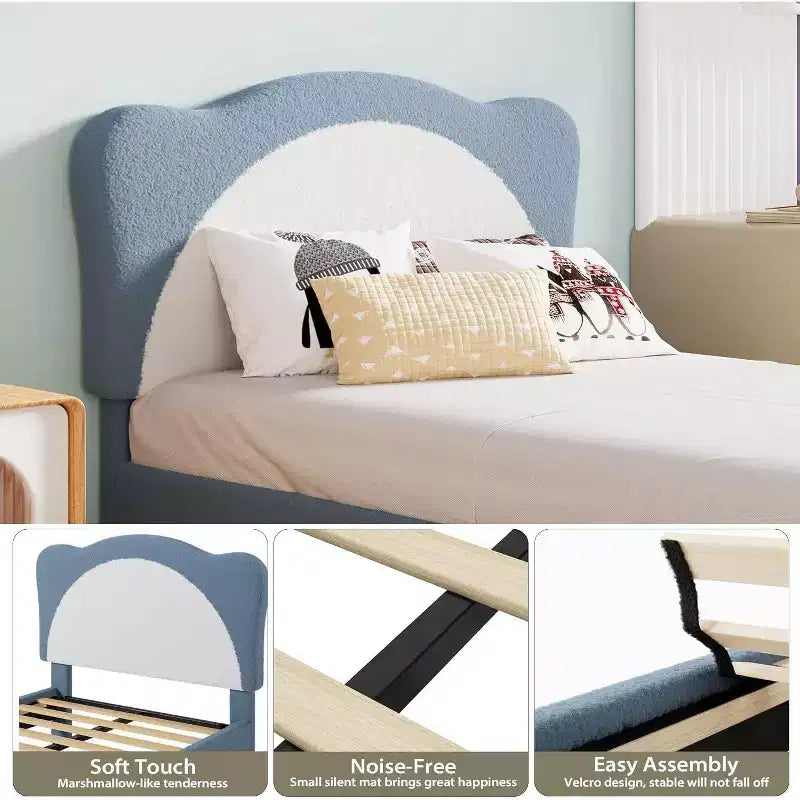 Twin Size Boucle Upholstered Bed Frame, Soft Headboard, Platform Slat Support, No Box Spring Needed, Quiet Kids Bed, Easy Assembly, Grey White