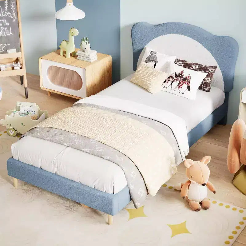 Twin Size Boucle Upholstered Bed Frame, Soft Headboard, Platform Slat Support, No Box Spring Needed, Quiet Kids Bed, Easy Assembly, Grey White
