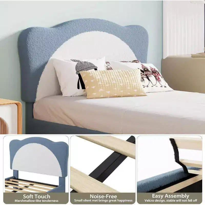 Twin Size Boucle Upholstered Bed Frame, Soft Headboard, Platform Slat Support, No Box Spring Needed, Quiet Kids Bed, Easy Assembly, Grey White