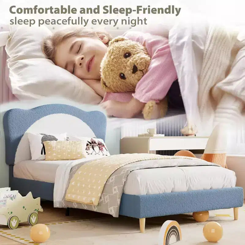 Twin Size Boucle Upholstered Bed Frame, Soft Headboard, Platform Slat Support, No Box Spring Needed, Quiet Kids Bed, Easy Assembly, Grey White
