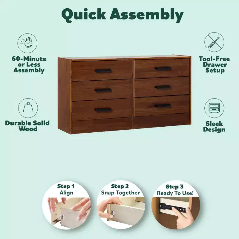 Easy Assembly Solid Wood 6-Drawer Dresser with Handles
