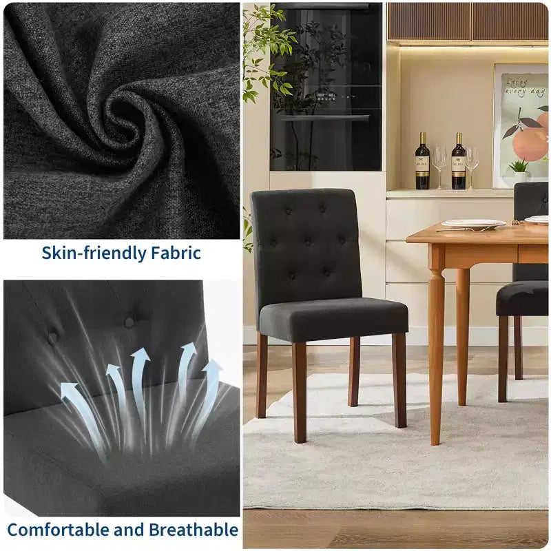 Upholstered Dining Chairs Set of 2, Modern Fabric Kitchen Side Chairs with Sturdy Wood Legs, Parsons Design, Comfortable Soft Linen for Dining Room