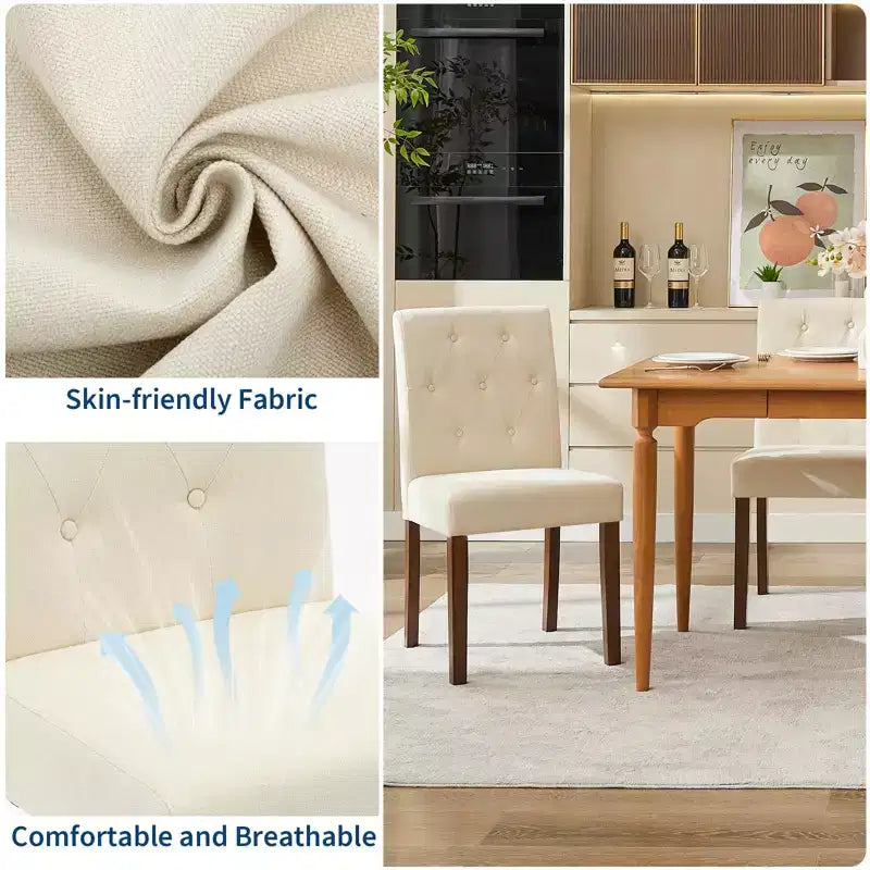 Upholstered Dining Chairs Set of 2, Modern Fabric Kitchen Side Chairs with Sturdy Wood Legs, Parsons Design, Comfortable Soft Linen for Dining Room