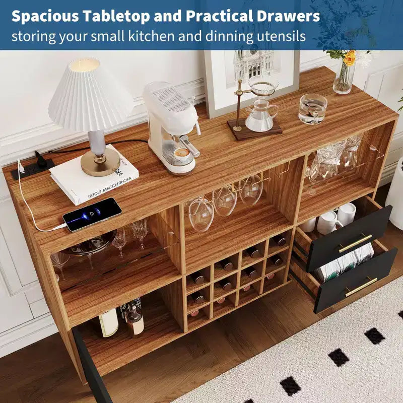 Bar Cabinet with LED Lights, Charging Station - 47 Inch Kitchen Buffet Sideboard with Drawers, Wine Rack, Liquor Cabinet for Living Room, Dining Room