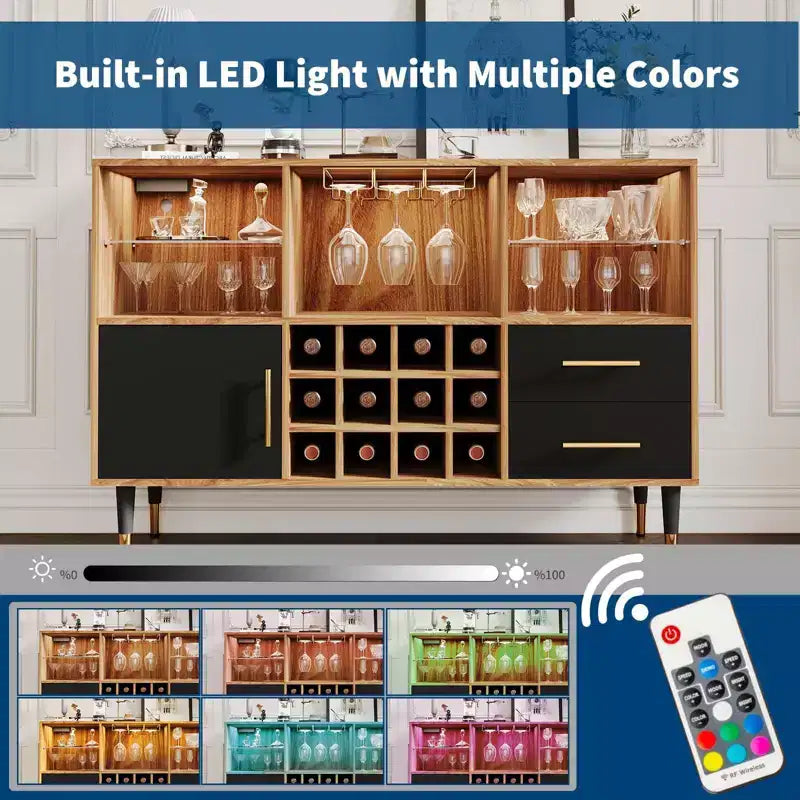 Bar Cabinet with LED Lights, Charging Station - 47 Inch Kitchen Buffet Sideboard with Drawers, Wine Rack, Liquor Cabinet for Living Room, Dining Room