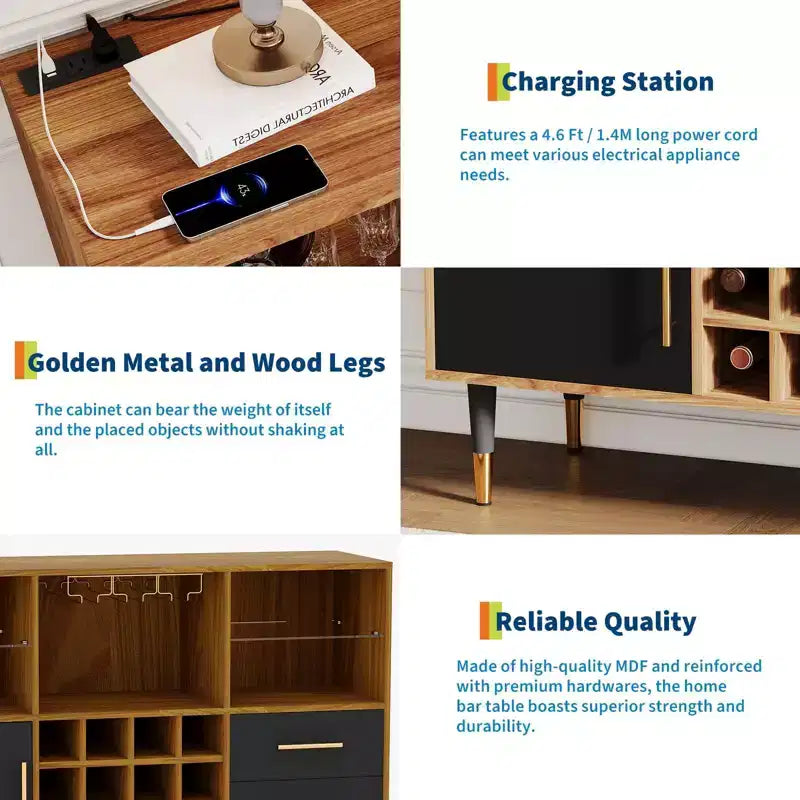 Bar Cabinet with LED Lights, Charging Station - 47 Inch Kitchen Buffet Sideboard with Drawers, Wine Rack, Liquor Cabinet for Living Room, Dining Room