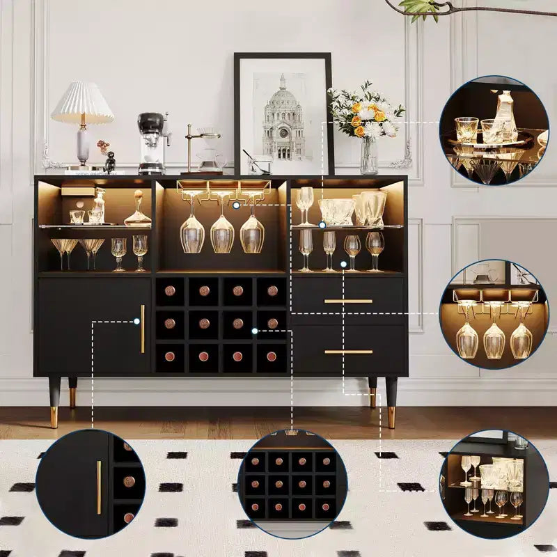 Bar Cabinet with LED Lights, Charging Station - 47 Inch Kitchen Buffet Sideboard with Drawers, Wine Rack, Liquor Cabinet for Living Room, Dining Room