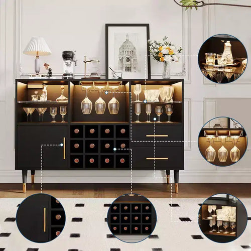 Meuble de bar avec lumières LED, station de charge - Buffet de cuisine de 119 cm avec tiroirs, casier à vin, meuble à liqueurs pour salon, salle à manger