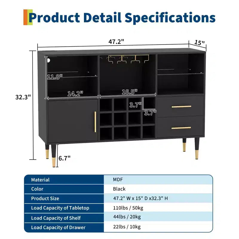 Bar Cabinet with LED Lights, Charging Station - 47 Inch Kitchen Buffet Sideboard with Drawers, Wine Rack, Liquor Cabinet for Living Room, Dining Room