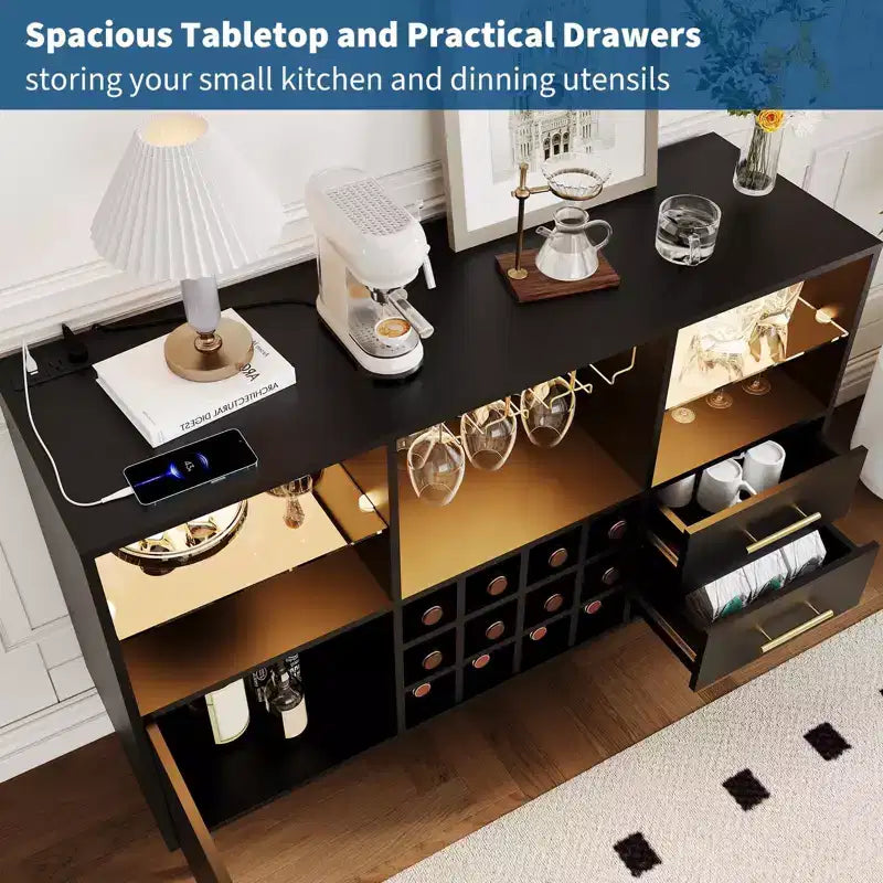 Bar Cabinet with LED Lights, Charging Station - 47 Inch Kitchen Buffet Sideboard with Drawers, Wine Rack, Liquor Cabinet for Living Room, Dining Room