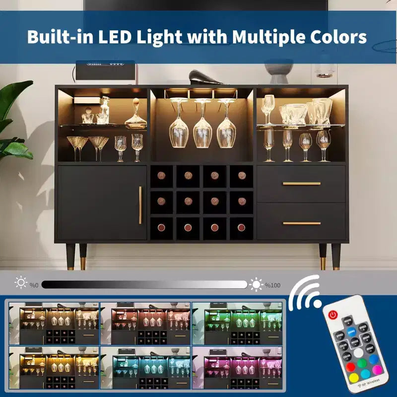 Bar Cabinet with LED Lights, Charging Station - 47 Inch Kitchen Buffet Sideboard with Drawers, Wine Rack, Liquor Cabinet for Living Room, Dining Room
