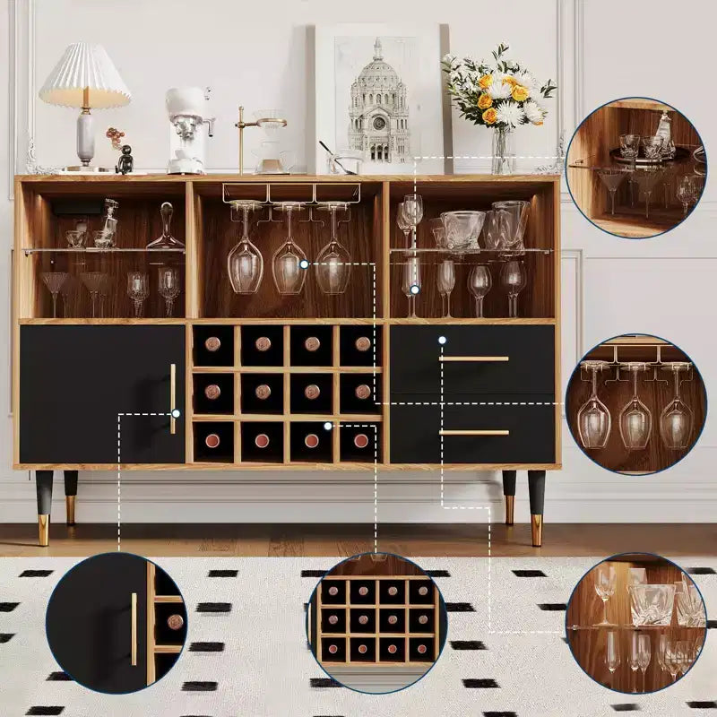 Bar Cabinet with LED Lights, Charging Station - 47 Inch Kitchen Buffet Sideboard with Drawers, Wine Rack, Liquor Cabinet for Living Room, Dining Room
