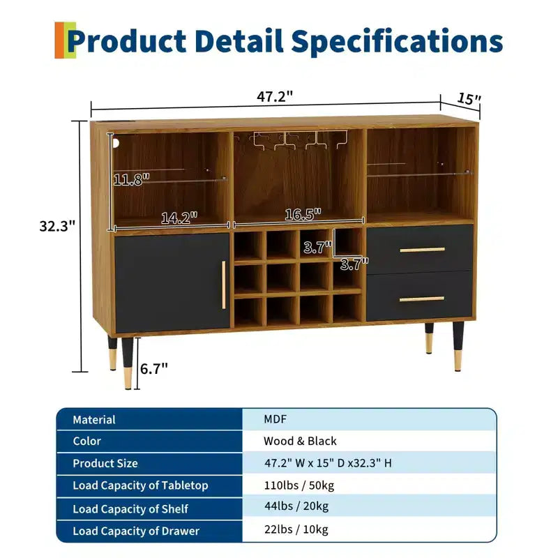 Bar Cabinet with LED Lights, Charging Station - 47 Inch Kitchen Buffet Sideboard with Drawers, Wine Rack, Liquor Cabinet for Living Room, Dining Room