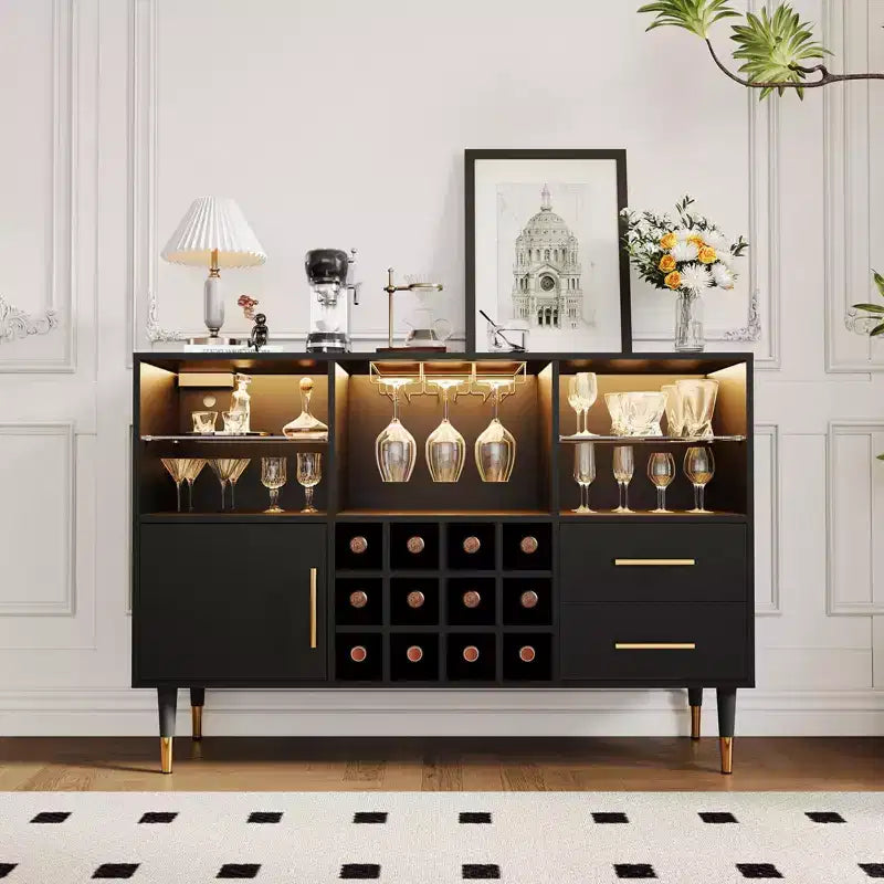 Bar Cabinet with LED Lights, Charging Station - 47 Inch Kitchen Buffet Sideboard with Drawers, Wine Rack, Liquor Cabinet for Living Room, Dining Room
