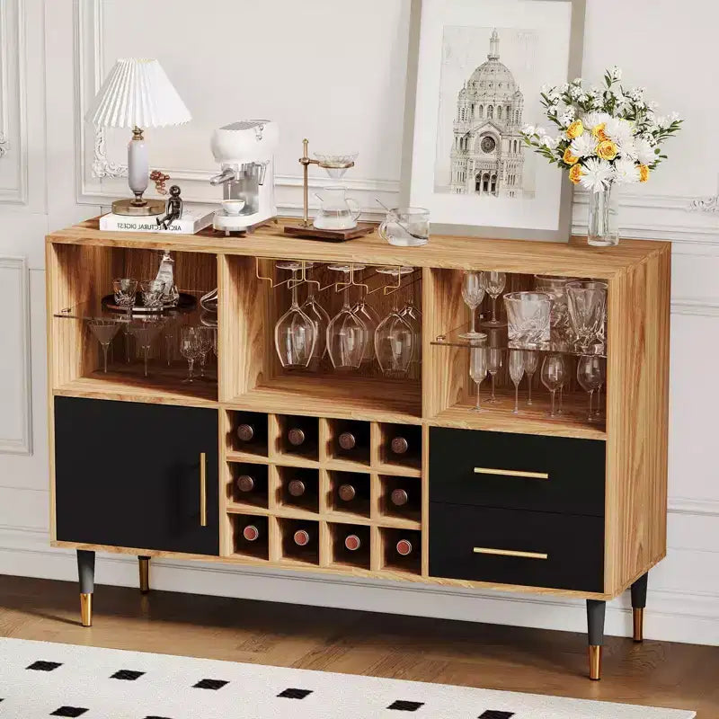 Bar Cabinet with LED Lights, Charging Station - 47 Inch Kitchen Buffet Sideboard with Drawers, Wine Rack, Liquor Cabinet for Living Room, Dining Room