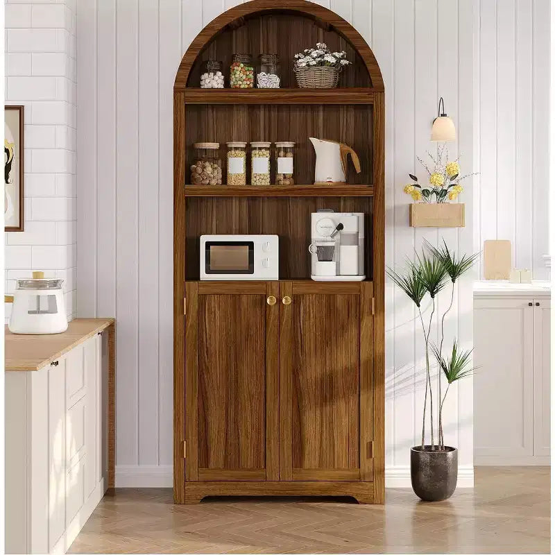 72 Inch High Arched Pantry with Doors, 5 Tier Kitchen Pantry with Adjustable Shelves and Gold Handles, Wood Dining Room Storage Cabinet