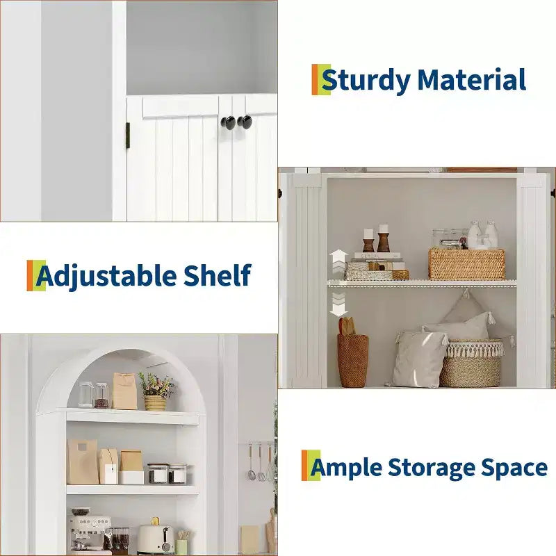 72 Inch High Arched Pantry with Doors, 5 Tier Kitchen Pantry with Adjustable Shelves and Gold Handles, Wood Dining Room Storage Cabinet