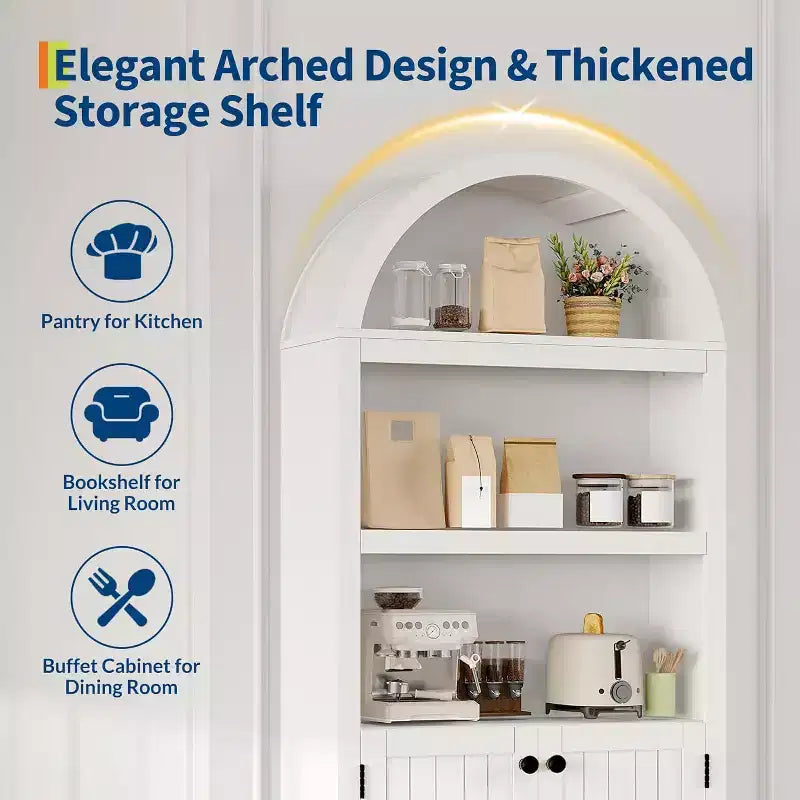 72 Inch High Arched Pantry with Doors, 5 Tier Kitchen Pantry with Adjustable Shelves and Gold Handles, Wood Dining Room Storage Cabinet