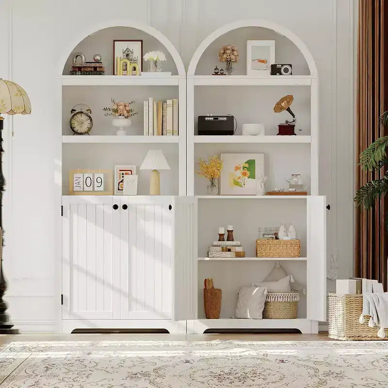 72 Inch High Arched Pantry with Doors, 5 Tier Kitchen Pantry with Adjustable Shelves and Gold Handles, Wood Dining Room Storage Cabinet