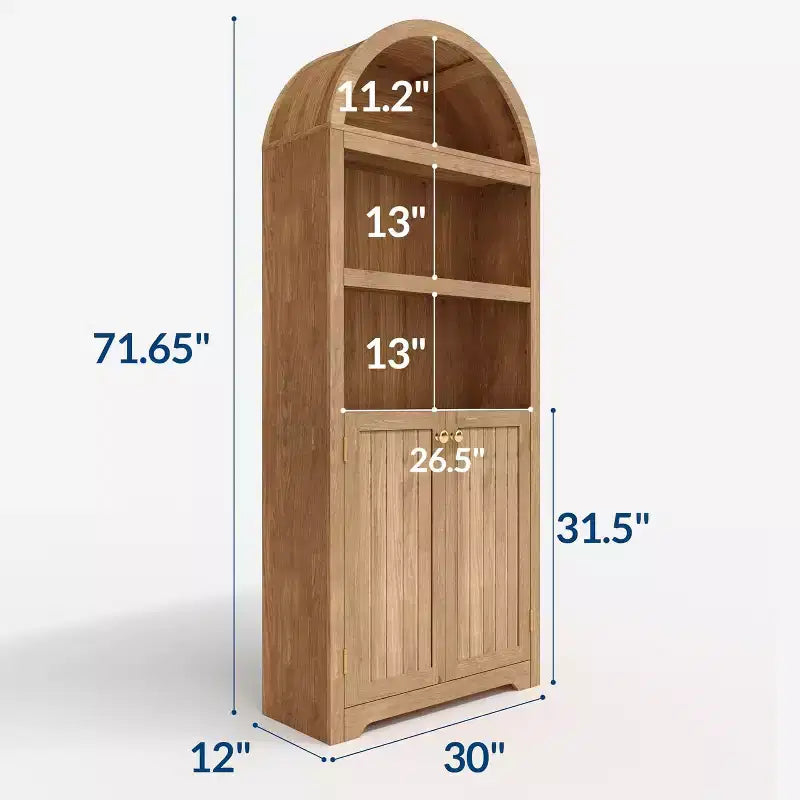 72 Inch High Arched Pantry with Doors, 5 Tier Kitchen Pantry with Adjustable Shelves and Gold Handles, Wood Dining Room Storage Cabinet