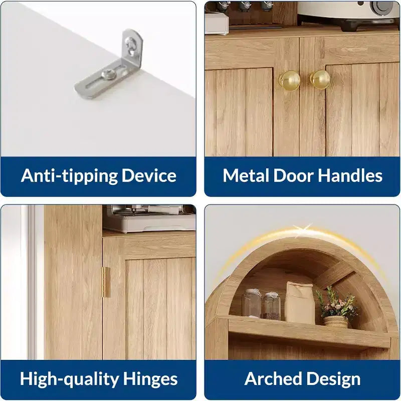 72 Inch High Arched Pantry with Doors, 5 Tier Kitchen Pantry with Adjustable Shelves and Gold Handles, Wood Dining Room Storage Cabinet