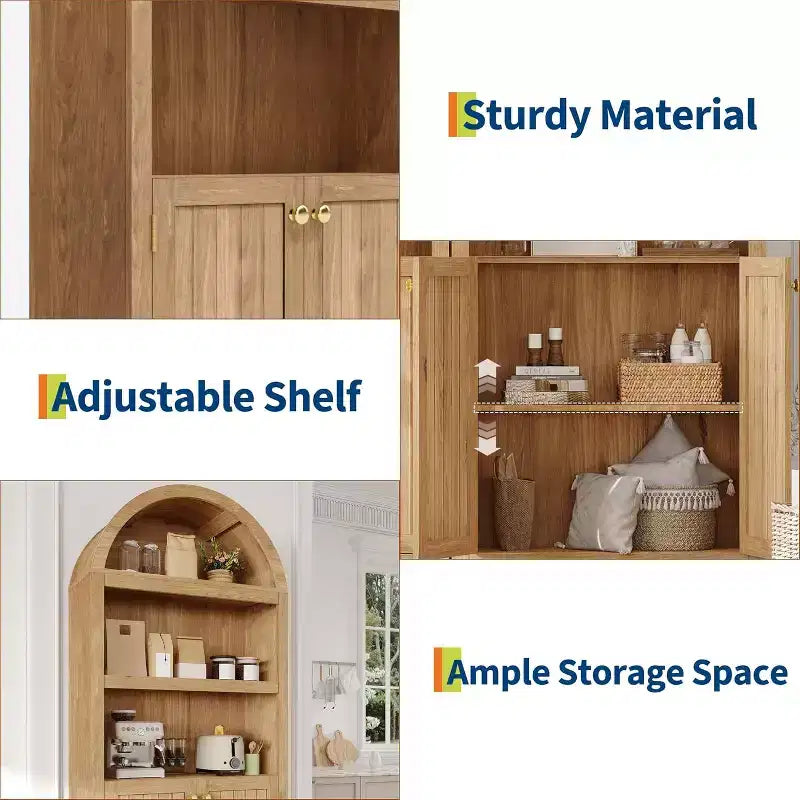 72 Inch High Arched Pantry with Doors, 5 Tier Kitchen Pantry with Adjustable Shelves and Gold Handles, Wood Dining Room Storage Cabinet