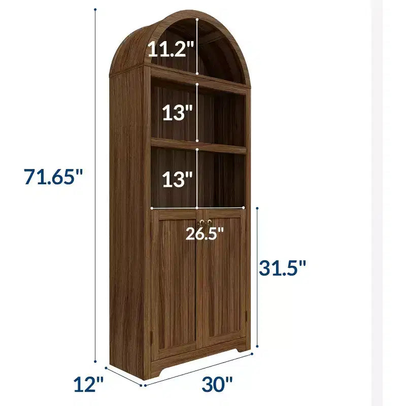 72 Inch High Arched Pantry with Doors, 5 Tier Kitchen Pantry with Adjustable Shelves and Gold Handles, Wood Dining Room Storage Cabinet