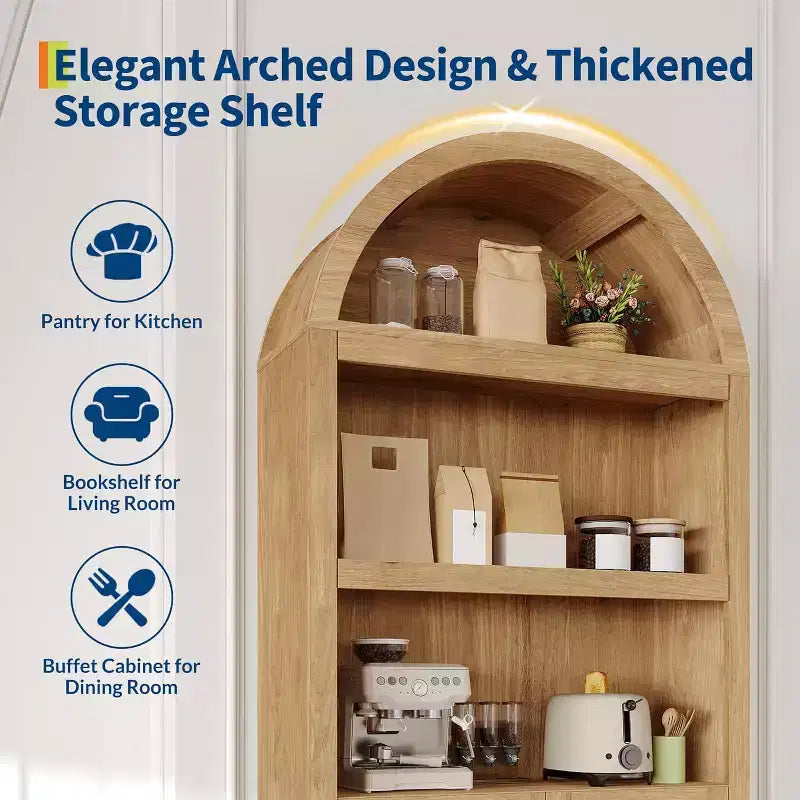 72 Inch High Arched Pantry with Doors, 5 Tier Kitchen Pantry with Adjustable Shelves and Gold Handles, Wood Dining Room Storage Cabinet
