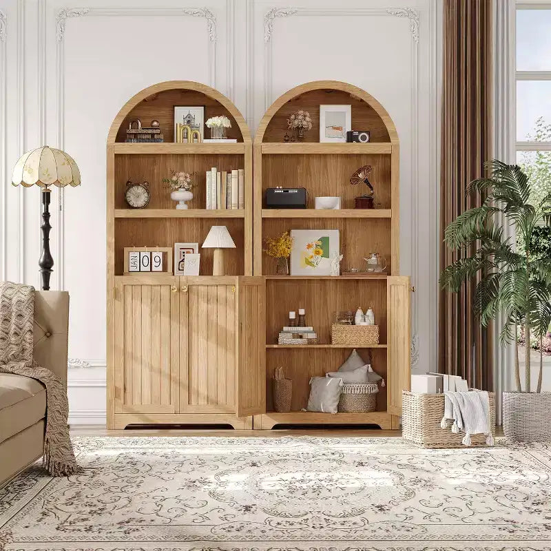 72 Inch High Arched Pantry with Doors, 5 Tier Kitchen Pantry with Adjustable Shelves and Gold Handles, Wood Dining Room Storage Cabinet