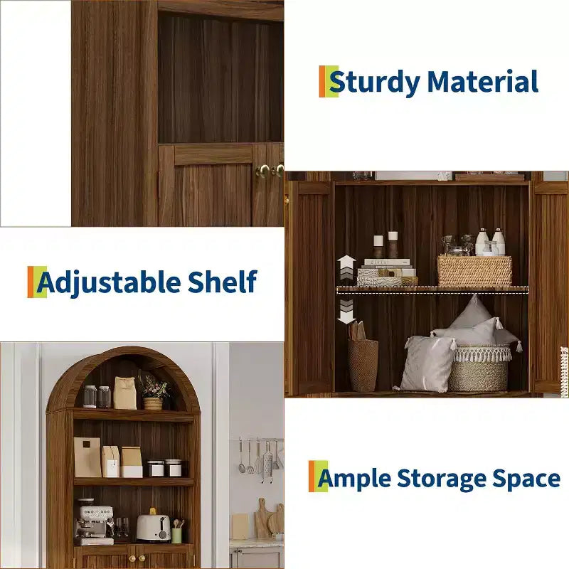 72 Inch High Arched Pantry with Doors, 5 Tier Kitchen Pantry with Adjustable Shelves and Gold Handles, Wood Dining Room Storage Cabinet