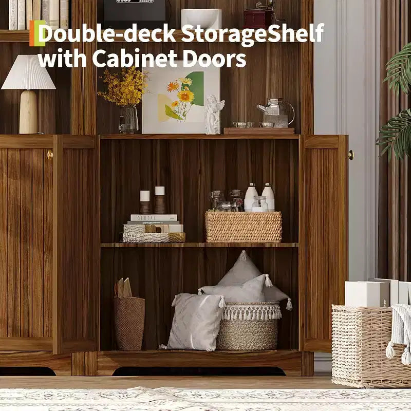 72 Inch High Arched Pantry with Doors, 5 Tier Kitchen Pantry with Adjustable Shelves and Gold Handles, Wood Dining Room Storage Cabinet