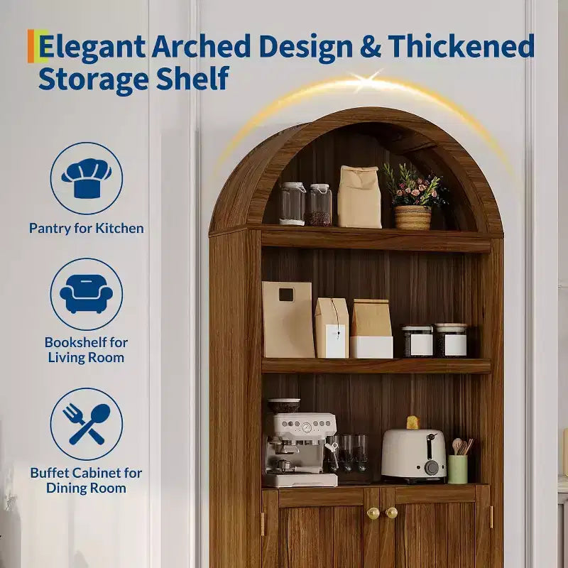 72 Inch High Arched Pantry with Doors, 5 Tier Kitchen Pantry with Adjustable Shelves and Gold Handles, Wood Dining Room Storage Cabinet