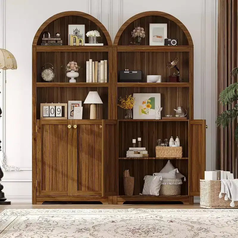 72 Inch High Arched Pantry with Doors, 5 Tier Kitchen Pantry with Adjustable Shelves and Gold Handles, Wood Dining Room Storage Cabinet