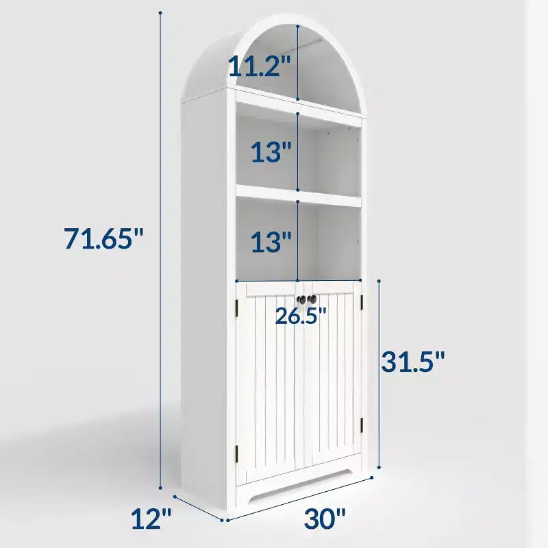72 Inch High Arched Pantry with Doors, 5 Tier Kitchen Pantry with Adjustable Shelves and Gold Handles, Wood Dining Room Storage Cabinet