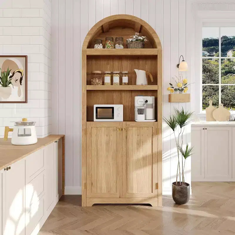 72 Inch High Arched Pantry with Doors, 5 Tier Kitchen Pantry with Adjustable Shelves and Gold Handles, Wood Dining Room Storage Cabinet