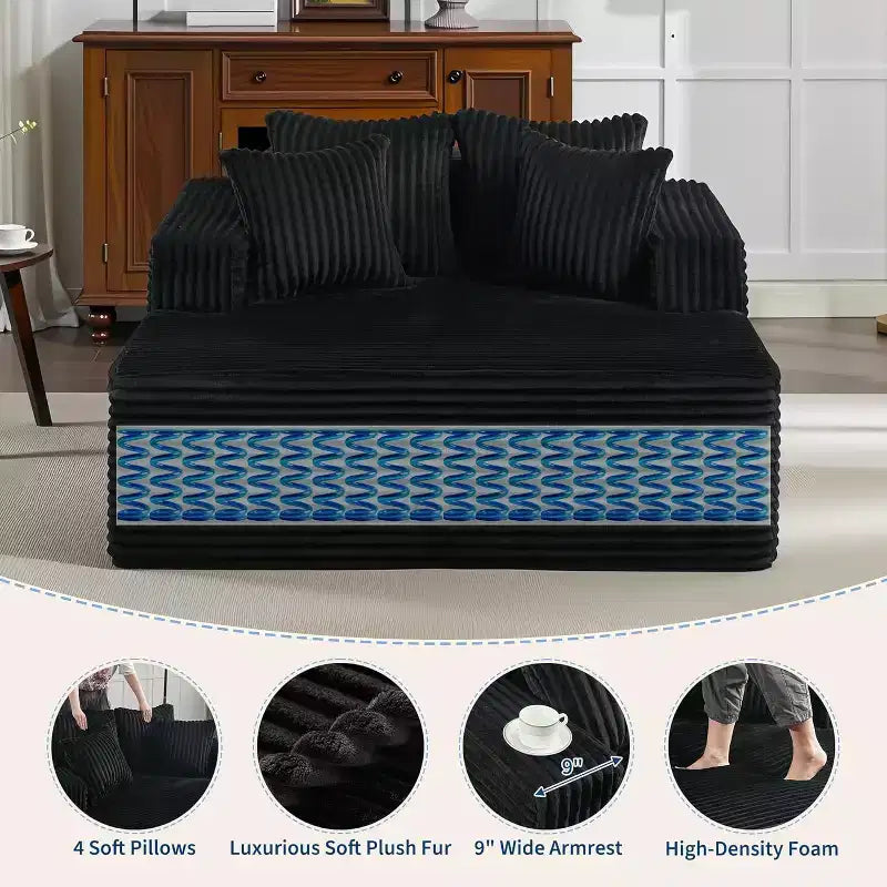 Corduroy Loveseat Sofa Chair with Pillows, Cloud Lounger for Living Room and Bedroom, No Assembly Fold Out Sleeper Couch, Compact Space-Saving Design
