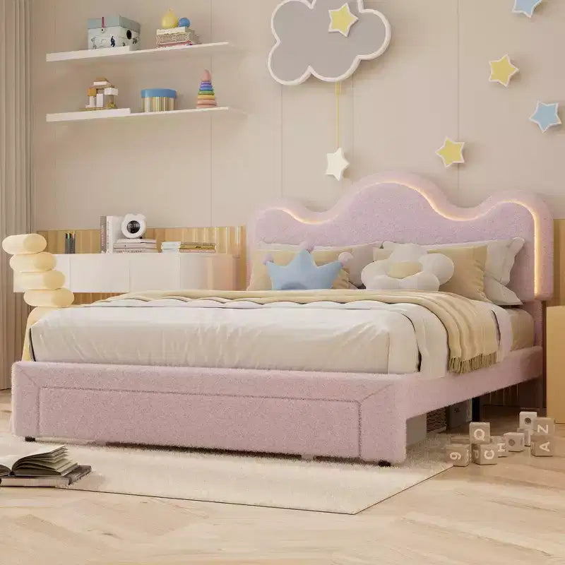 Boucle Bed Frame with Flower Headboard Upholstered Princess Bed Frame for Kids LED Platform Bed Frame with Drawers Strong, Solid Wood Slats Support