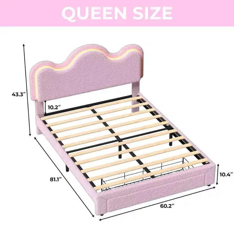 Boucle Bed Frame with Flower Headboard Upholstered Princess Bed Frame for Kids LED Platform Bed Frame with Drawers Strong, Solid Wood Slats Support