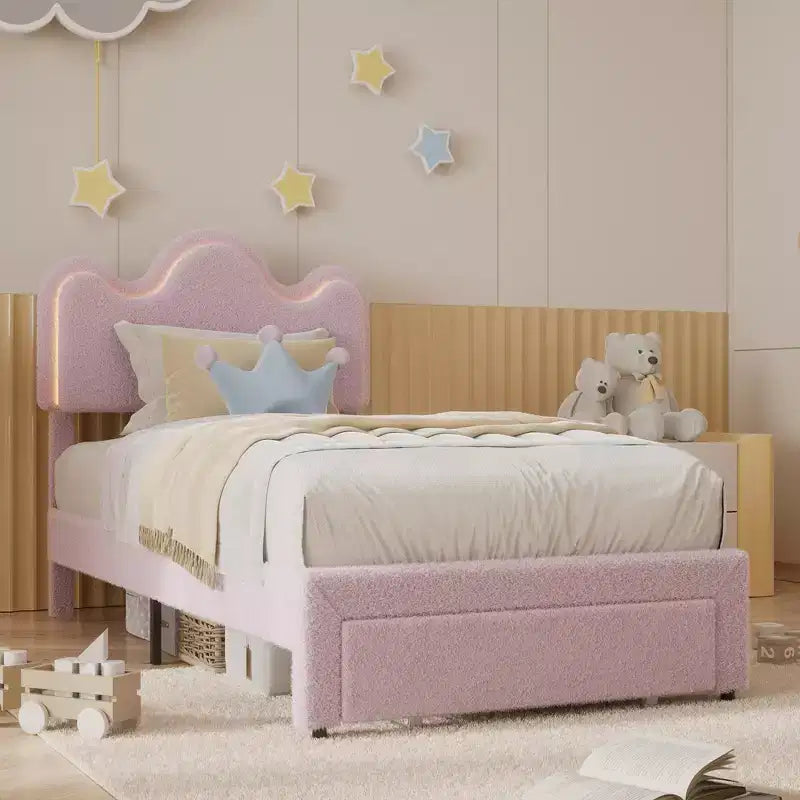 Boucle Bed Frame with Flower Headboard Upholstered Princess Bed Frame for Kids LED Platform Bed Frame with Drawers Strong, Solid Wood Slats Support